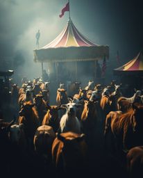 Experience a surreal carnival scene overrun by wild animals, rendered with a distinct split composition and subtle illuminati