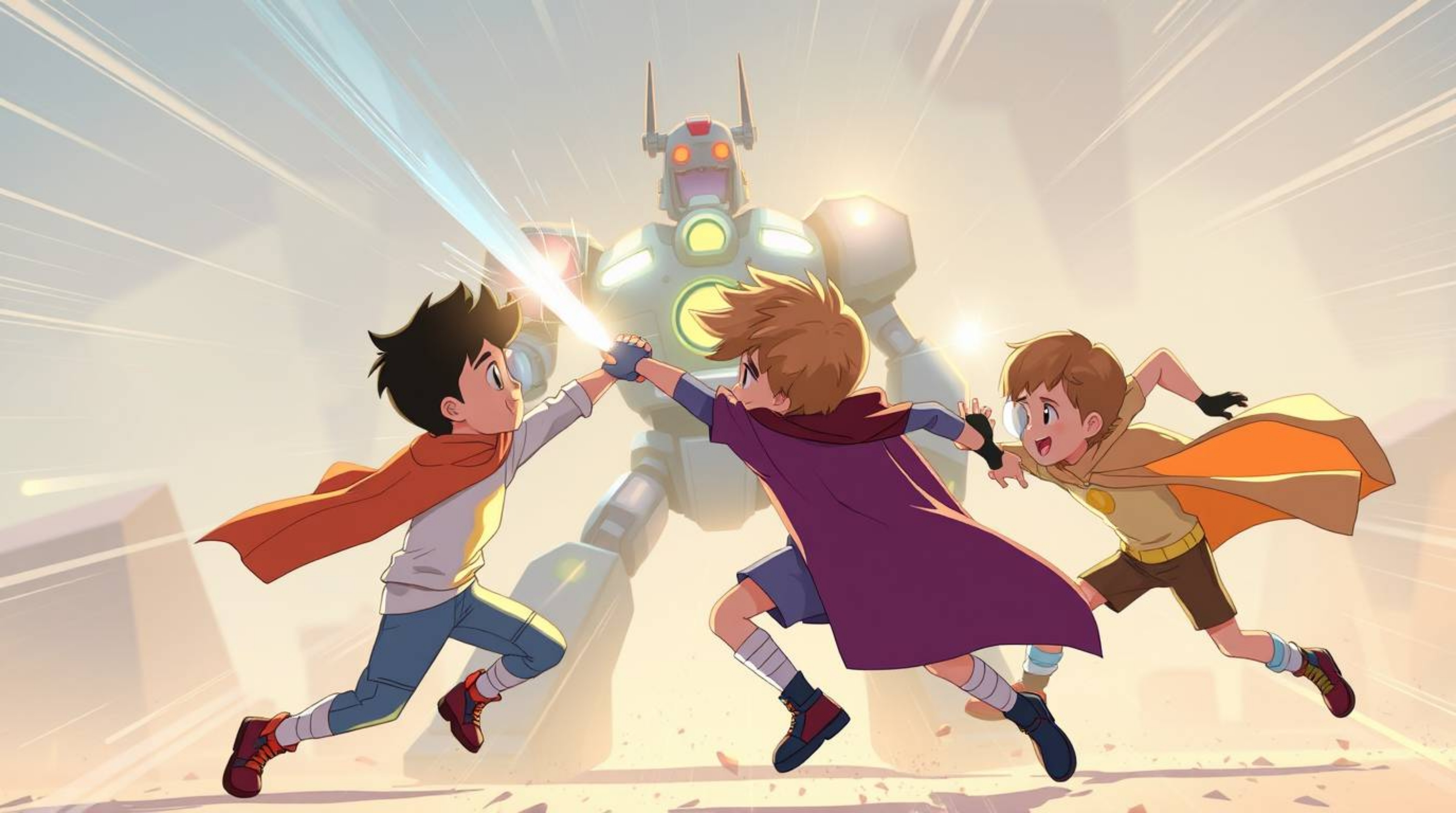 Witness an epic battle between three superpowered children and a formidable robot, rendered in a captivating soft pastel styl