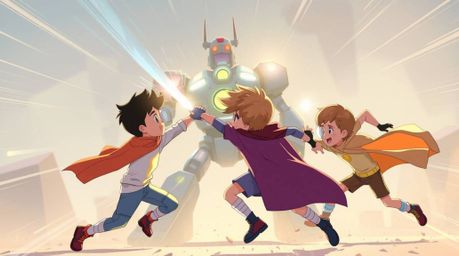 Witness an epic battle between three superpowered children and a formidable robot, rendered in a captivating soft pastel styl