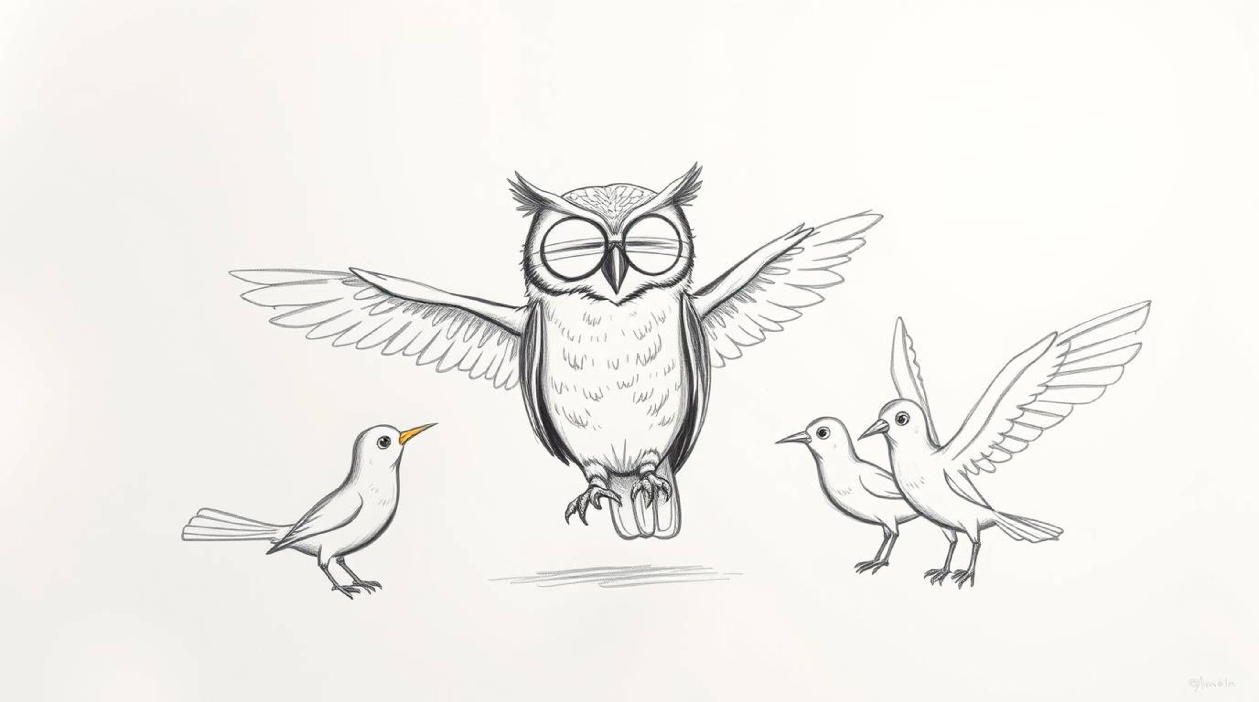A captivating hand-drawn sketch showcases a blind owl, imagined in a delightful Pixar-esque style, guiding birds on the art o