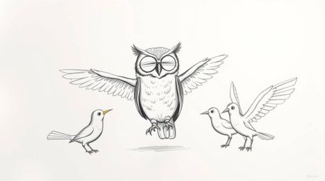 A captivating hand-drawn sketch showcases a blind owl, imagined in a delightful Pixar-esque style, guiding birds on the art o