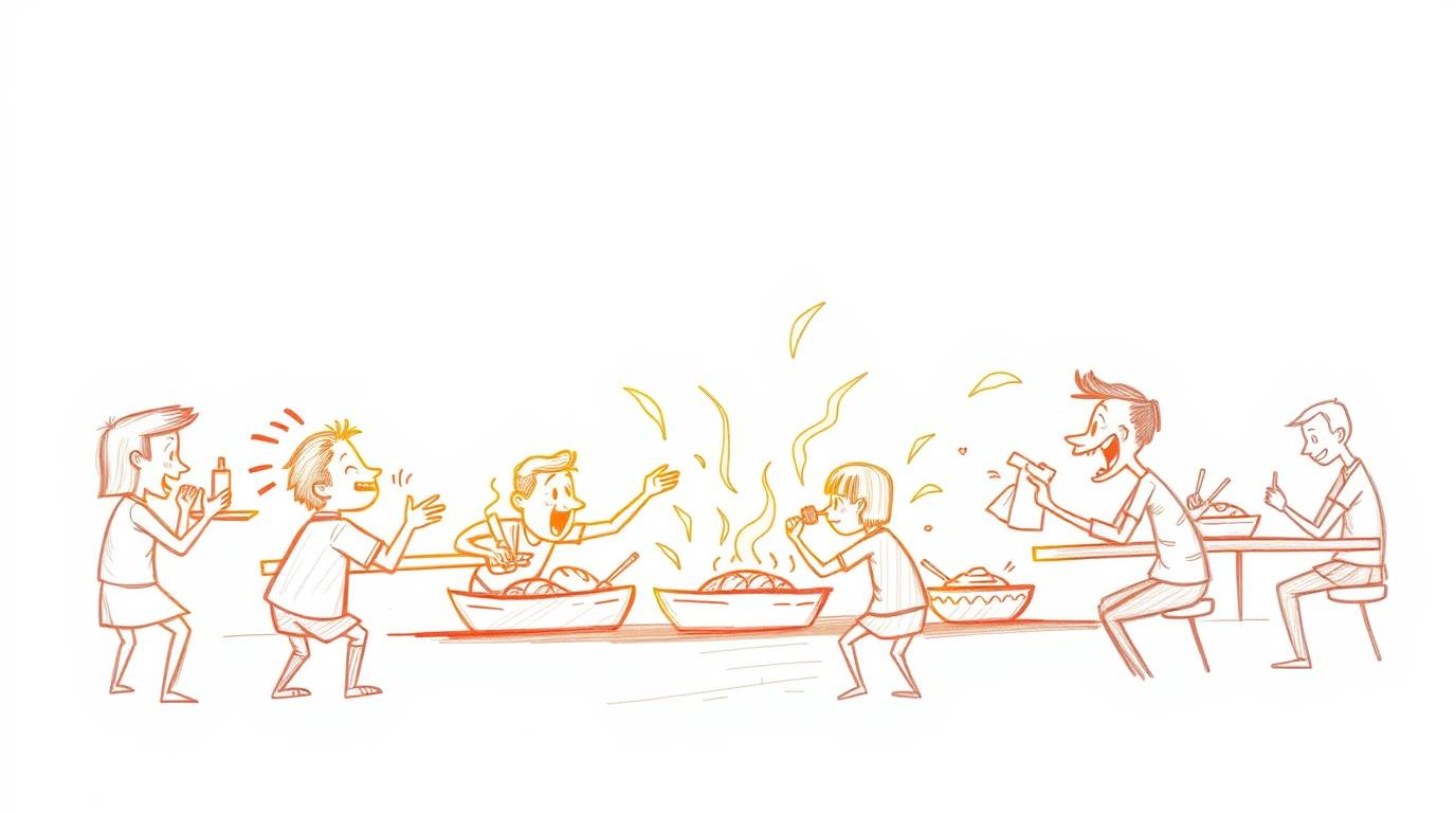 A whimsical hand-drawn sketch depicting a chaotic cartoon food fight in a cafeteria, bathed in warm golden hour light.  The i