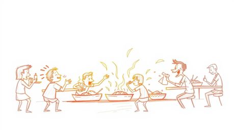 A whimsical hand-drawn sketch depicting a chaotic cartoon food fight in a cafeteria, bathed in warm golden hour light.  The i