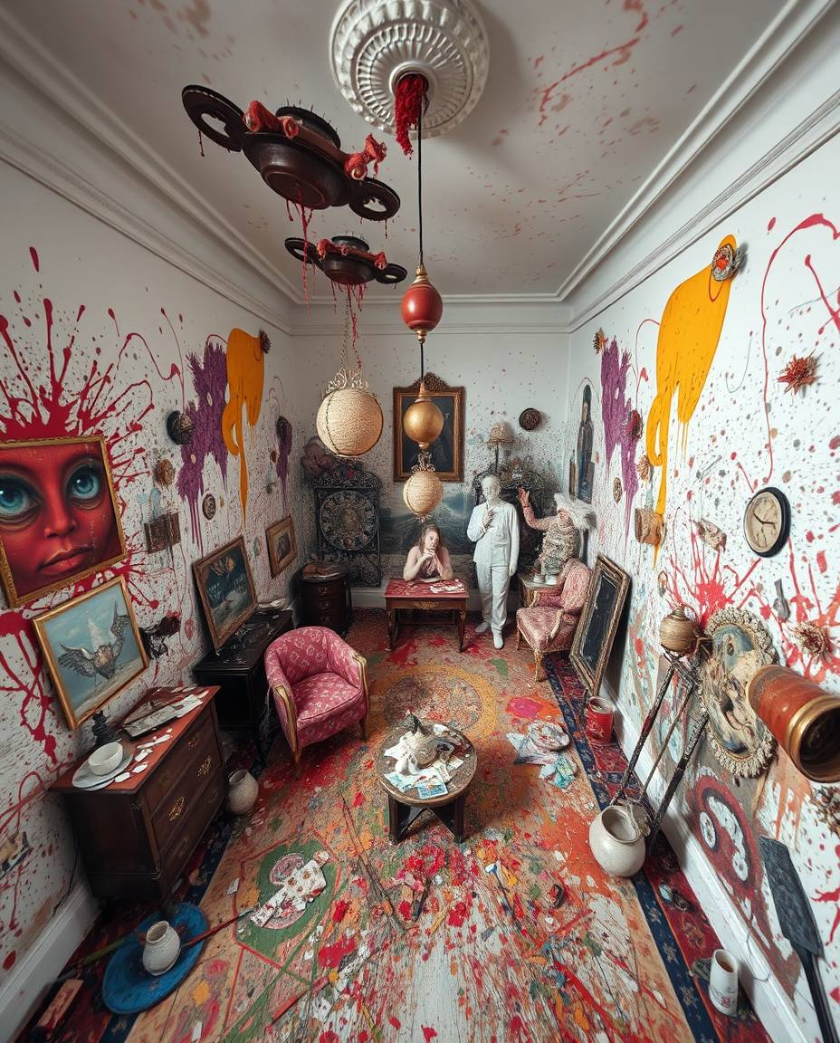 Experience a surreal and dreamlike room explosion captured from a high-angle perspective. This bizarre scene features fantast