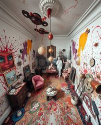 Experience a surreal and dreamlike room explosion captured from a high-angle perspective. This bizarre scene features fantast