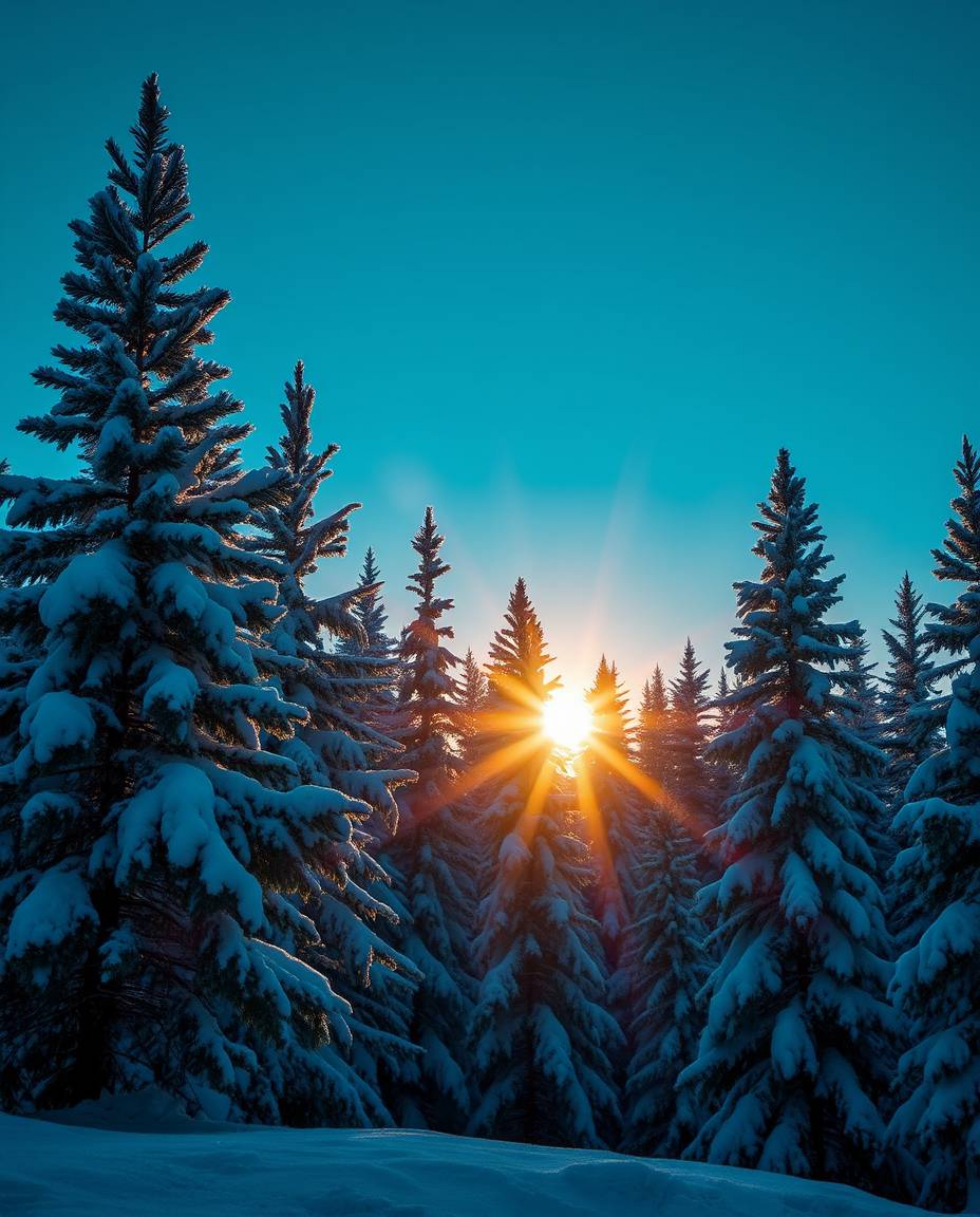 A high-resolution stock photo captures the enchanting moment of sunset light sparkling on snowy pine trees. The scene is bath