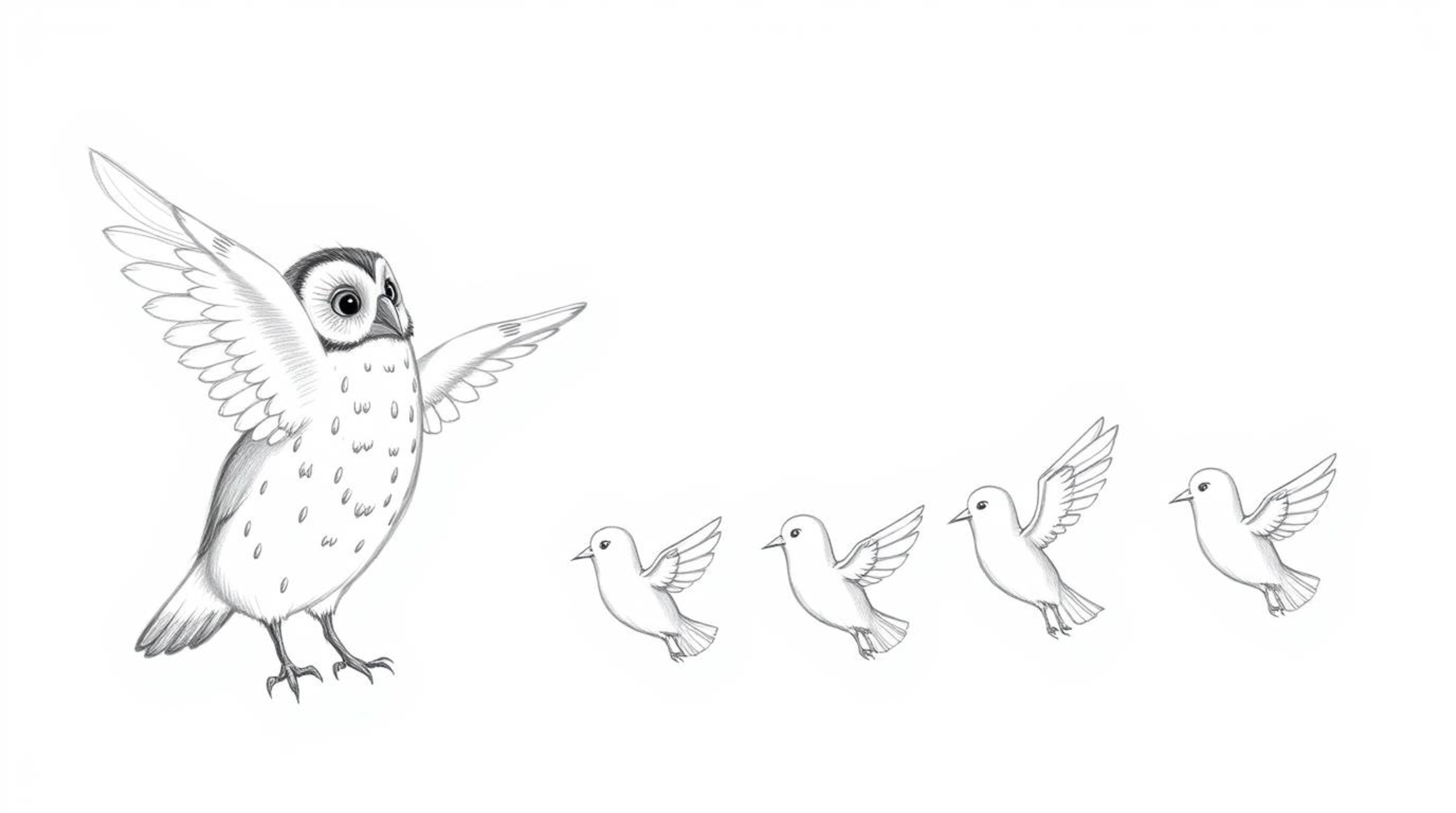 A heartwarming Pixar-style scene depicts a blind owl, rendered with soft, textured pencil strokes, guiding a group of birds a
