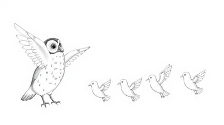 A heartwarming Pixar-style scene depicts a blind owl, rendered with soft, textured pencil strokes, guiding a group of birds a