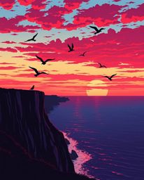 A sophisticated and elegant scene unfolds with a sunset over a coastal cliff, graced by soaring birds. The vista is rendered 