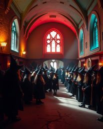 Immerse yourself in a magical school bathed in warm terracotta and cool teal hues. Gentle, soft light illuminates the halls,