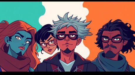 Discover a captivating illustration of a misfit heroes team, showcasing refined features and a striking contrast between warm