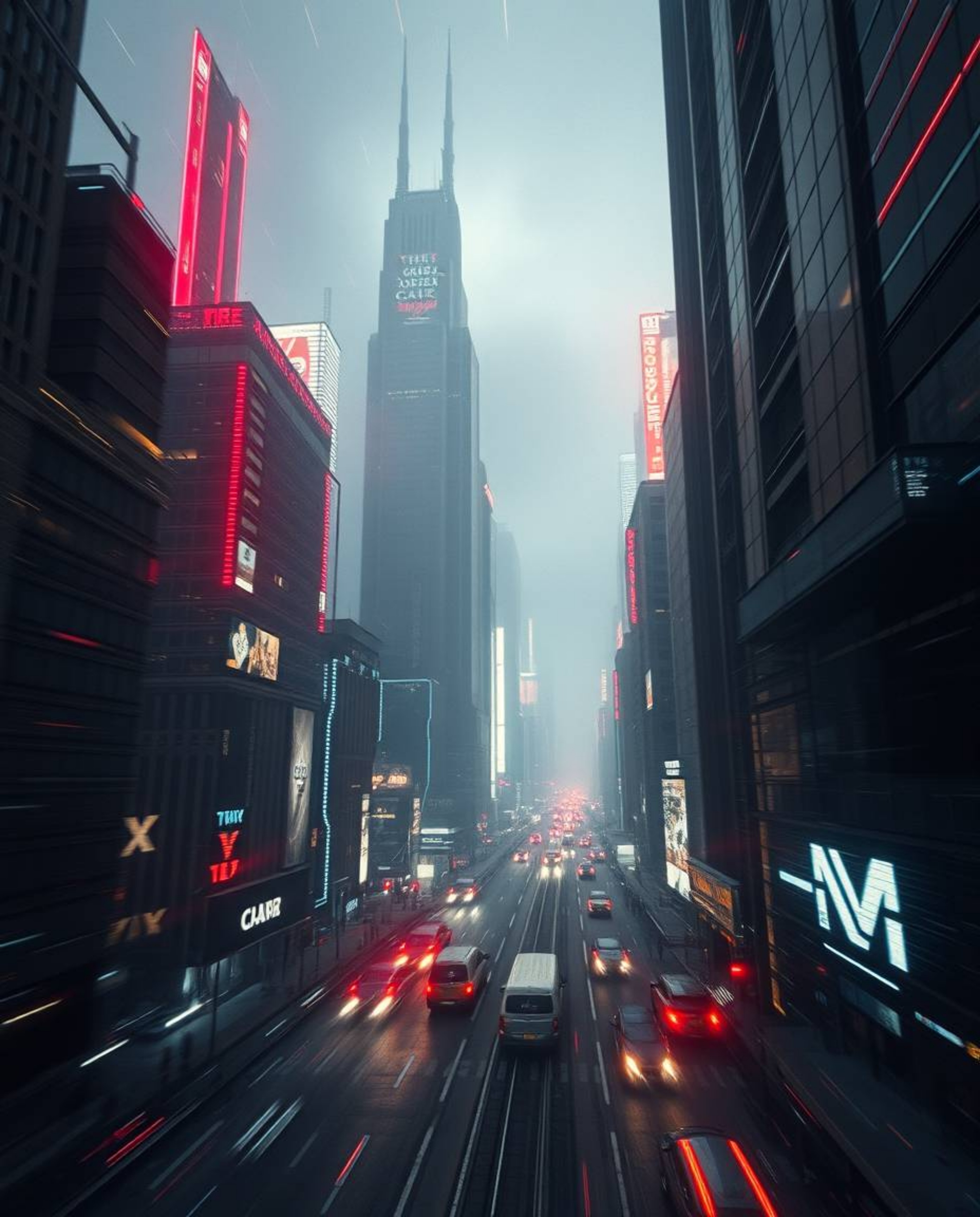 A captivating high-contrast, low-key photograph showcases a massive futuristic city engulfed in a glitch effect.  Long exposu