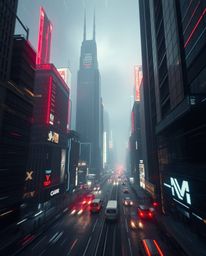A captivating high-contrast, low-key photograph showcases a massive futuristic city engulfed in a glitch effect.  Long exposu