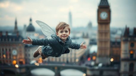 A captivating image of a sharply focused young boy soaring above London, sprinkled with magical pixie dust.  The scene is ren