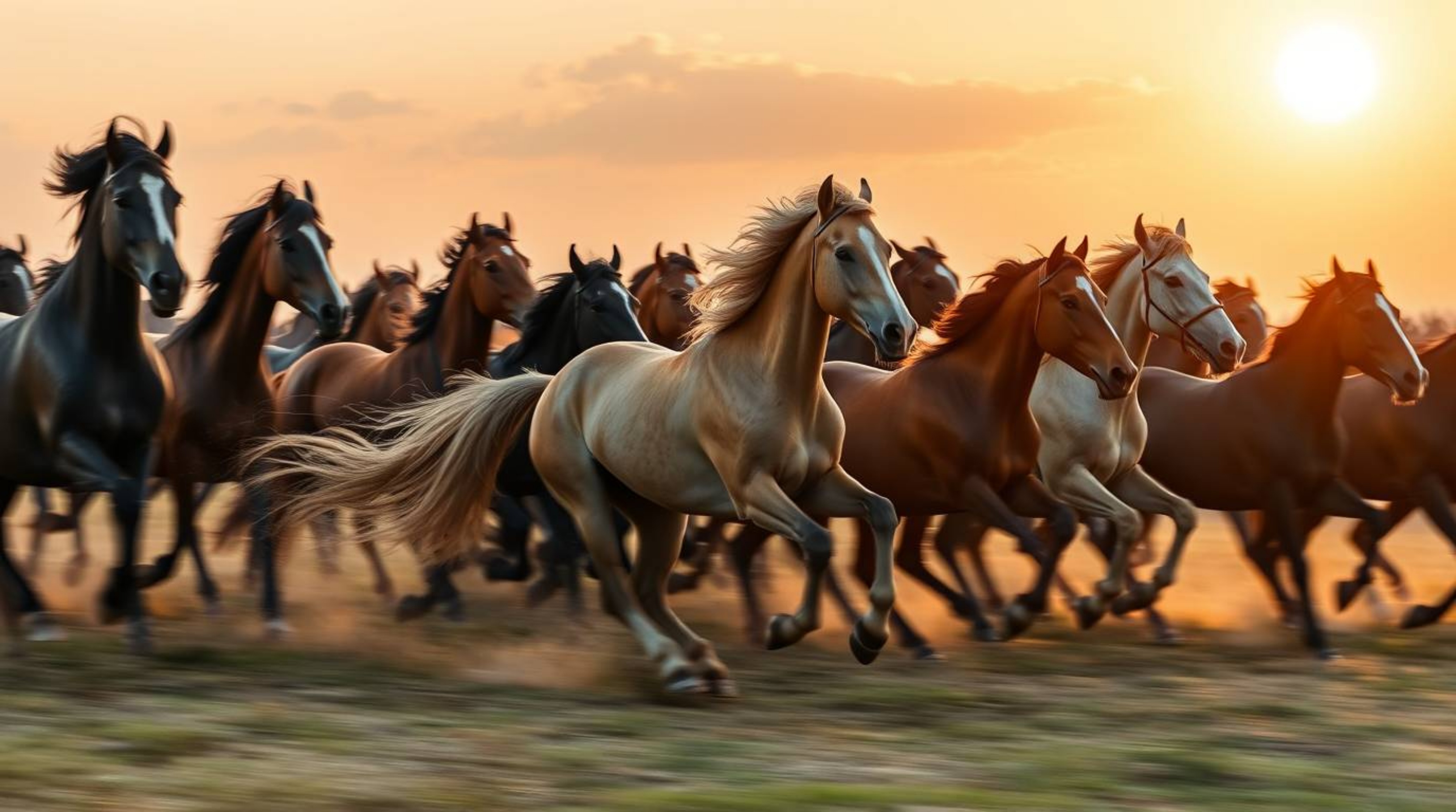 A dynamic depiction of a herd of wild horses in full motion, captured beneath a mesmerizing glowing sky.  The artwork showcas