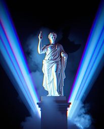 Volumetric lighting creates a dramatic effect, illuminating a classical sculpture amidst a colorful glitch effect and digital