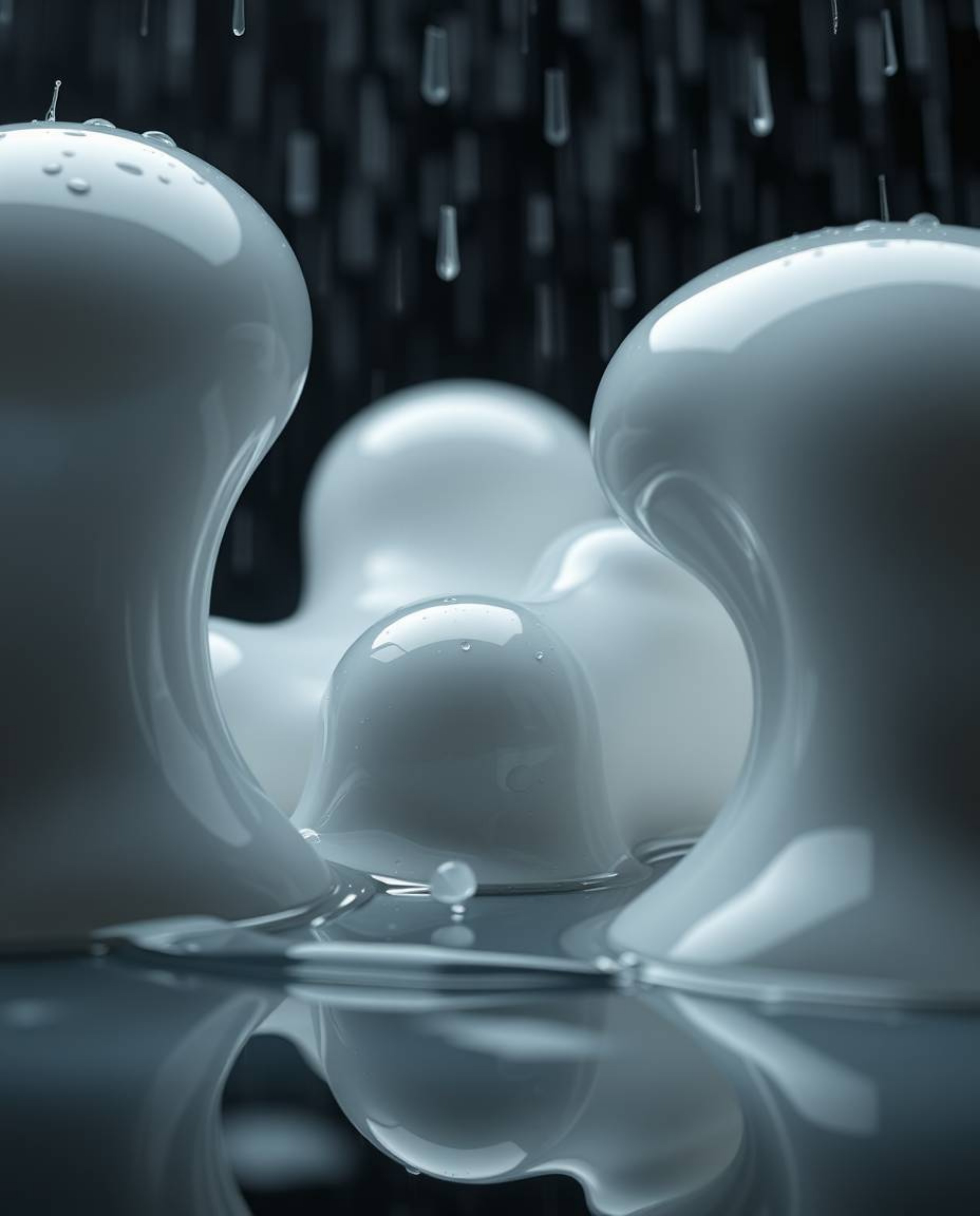 Explore a captivating close-up of sculptural 3D fluid shapes, crafted with a mesmerizing mercury-like texture and reflective 