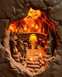 A distinct split sculptural clay art piece depicting a magical school teeming with young wizards, bathed in the warm glow of 