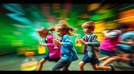 Capture the energy!  A captivating video showcasing quirky children in school uniforms conducting exciting science experiment