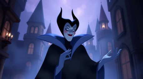 A classic Disney villain, with soft features and pale skin, casts a spell within a hazy, softly lit old castle.  The scene ev