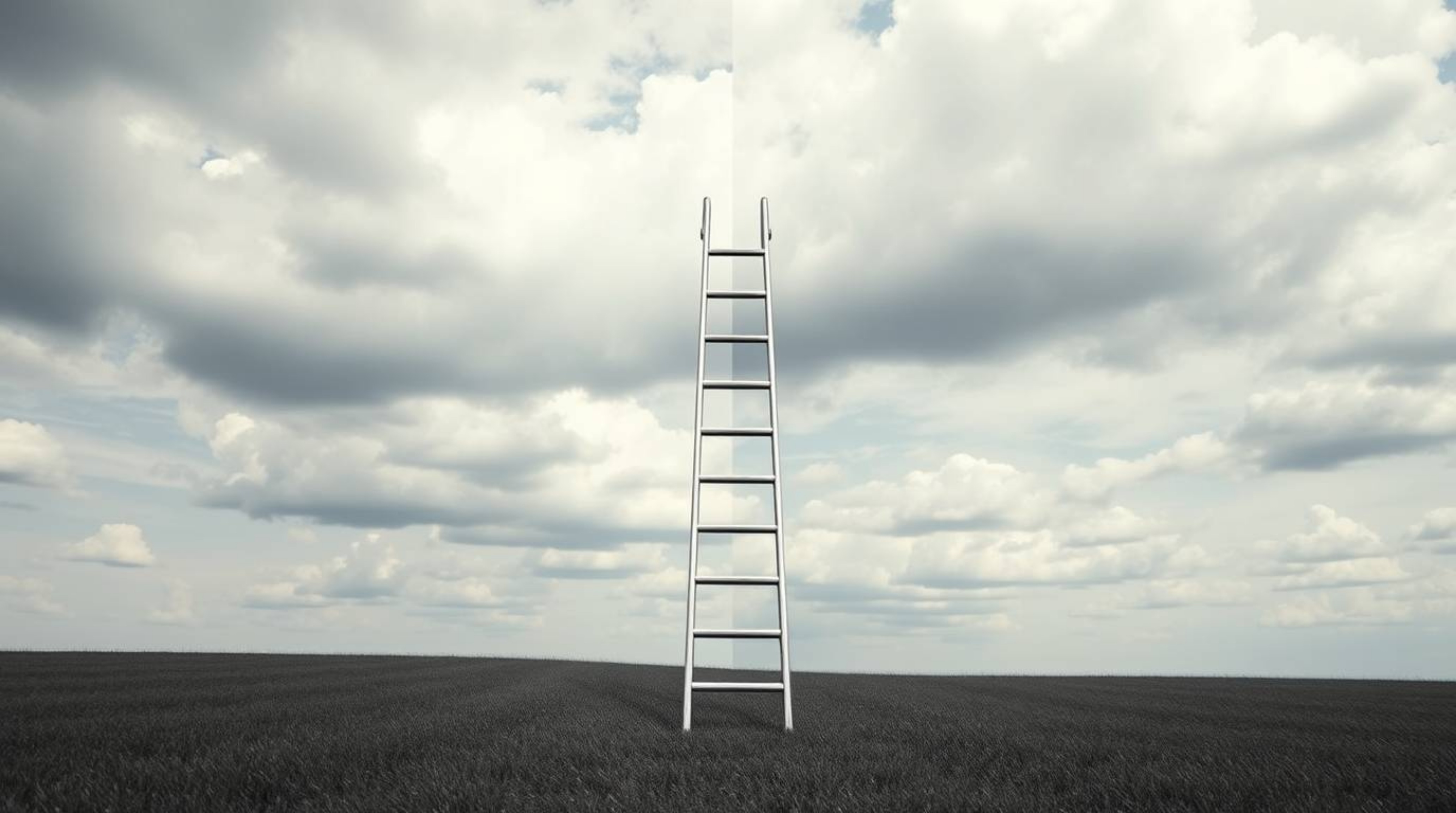 A digitally rendered image showcasing a minimalist scene with a silver ladder standing in an open field beneath a wide, cloud
