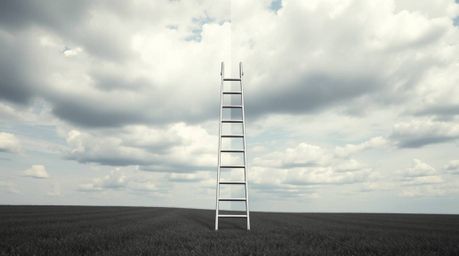 A digitally rendered image showcasing a minimalist scene with a silver ladder standing in an open field beneath a wide, cloud