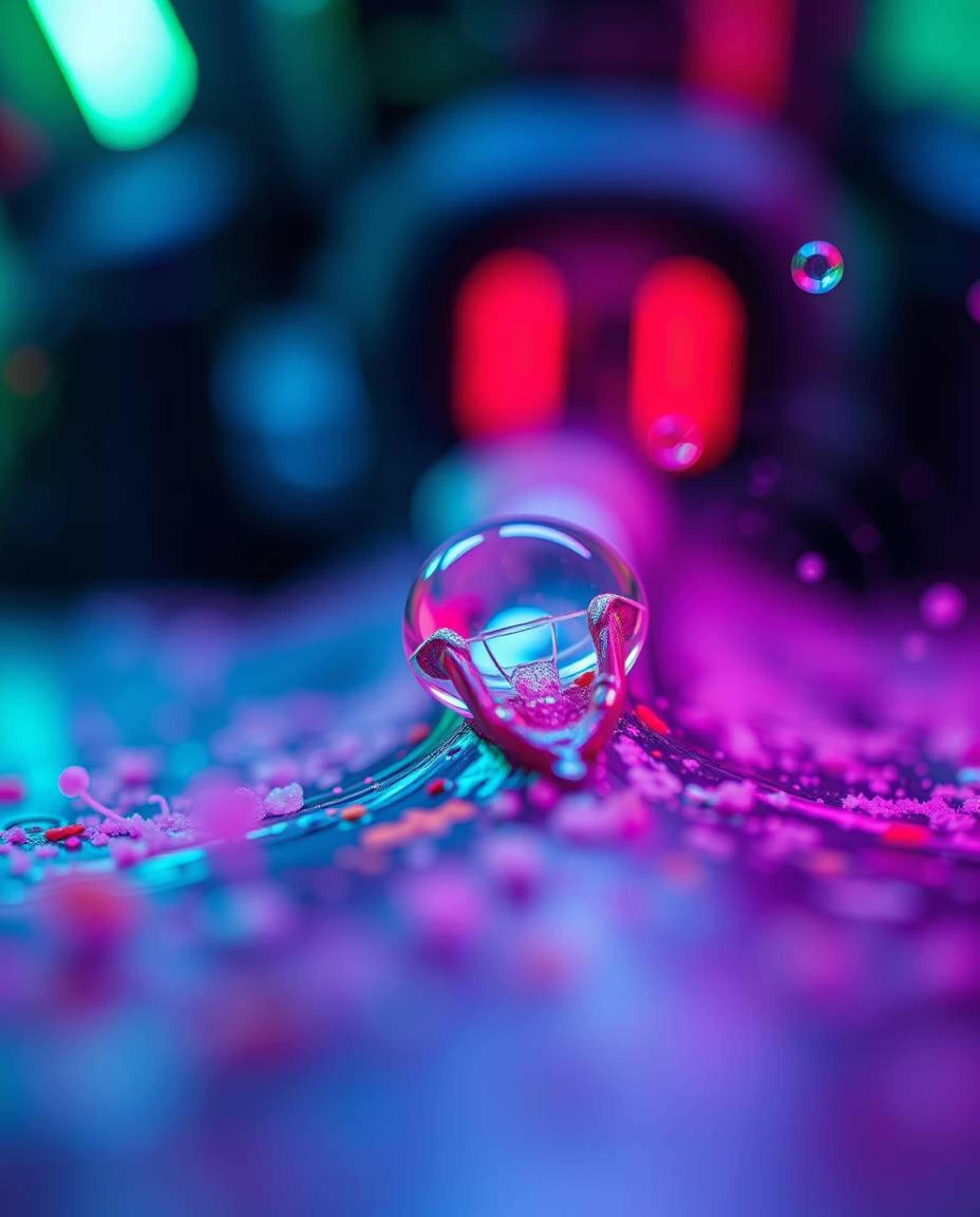 Explore the intricate details of a futuristic cyberpunk world through extreme macro close-up photography.  Colorful neon spla