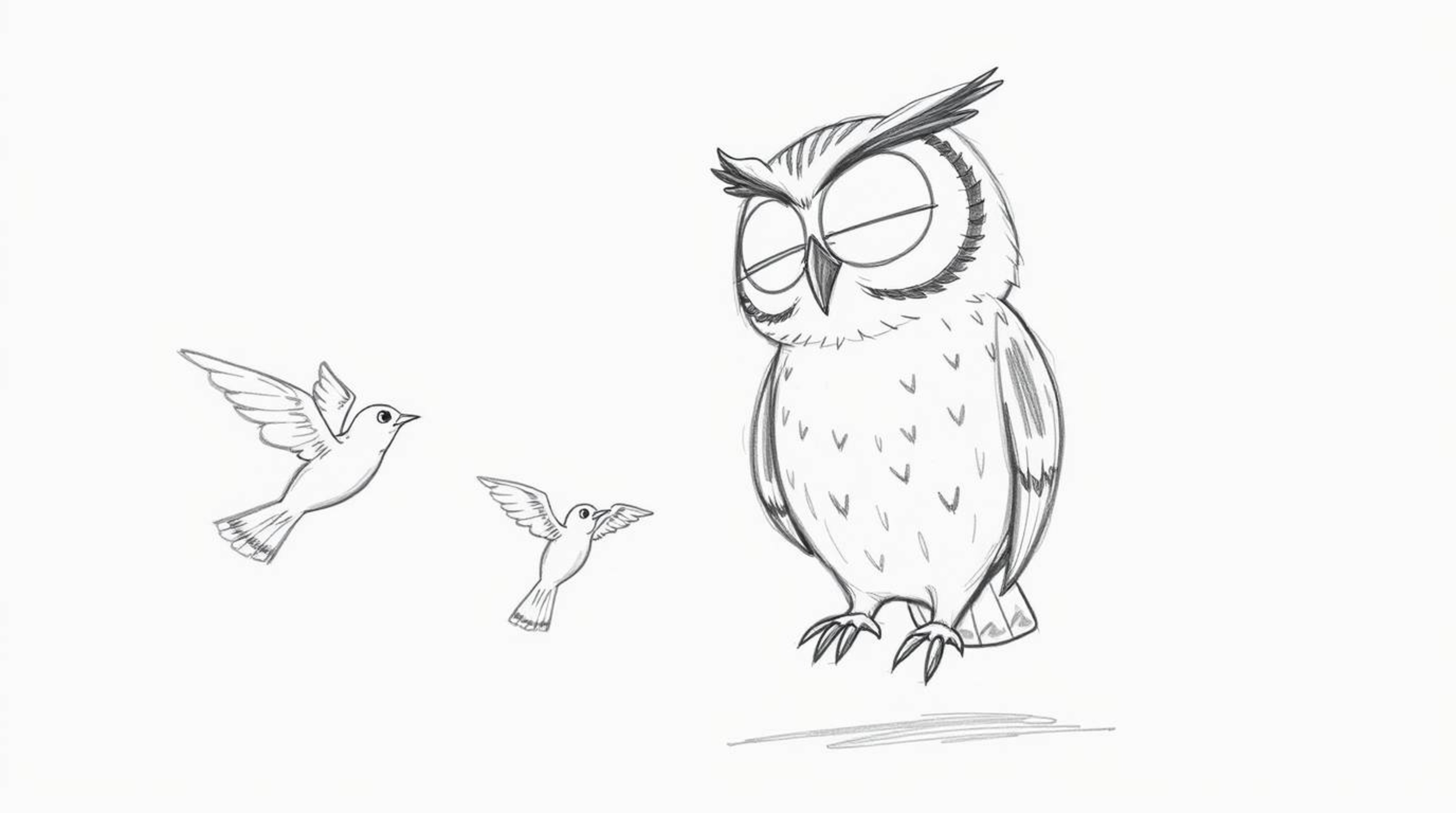 A heartwarming hand-drawn sketch in the style of Pixar depicts a blind owl, rendered with soft pencil strokes, guiding a grou