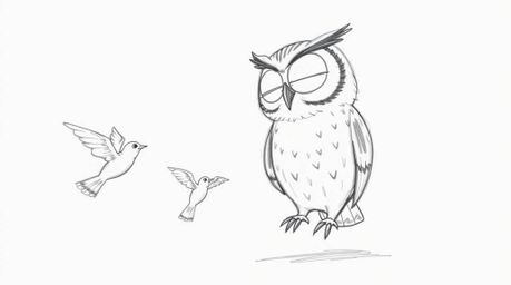 A heartwarming hand-drawn sketch in the style of Pixar depicts a blind owl, rendered with soft pencil strokes, guiding a grou