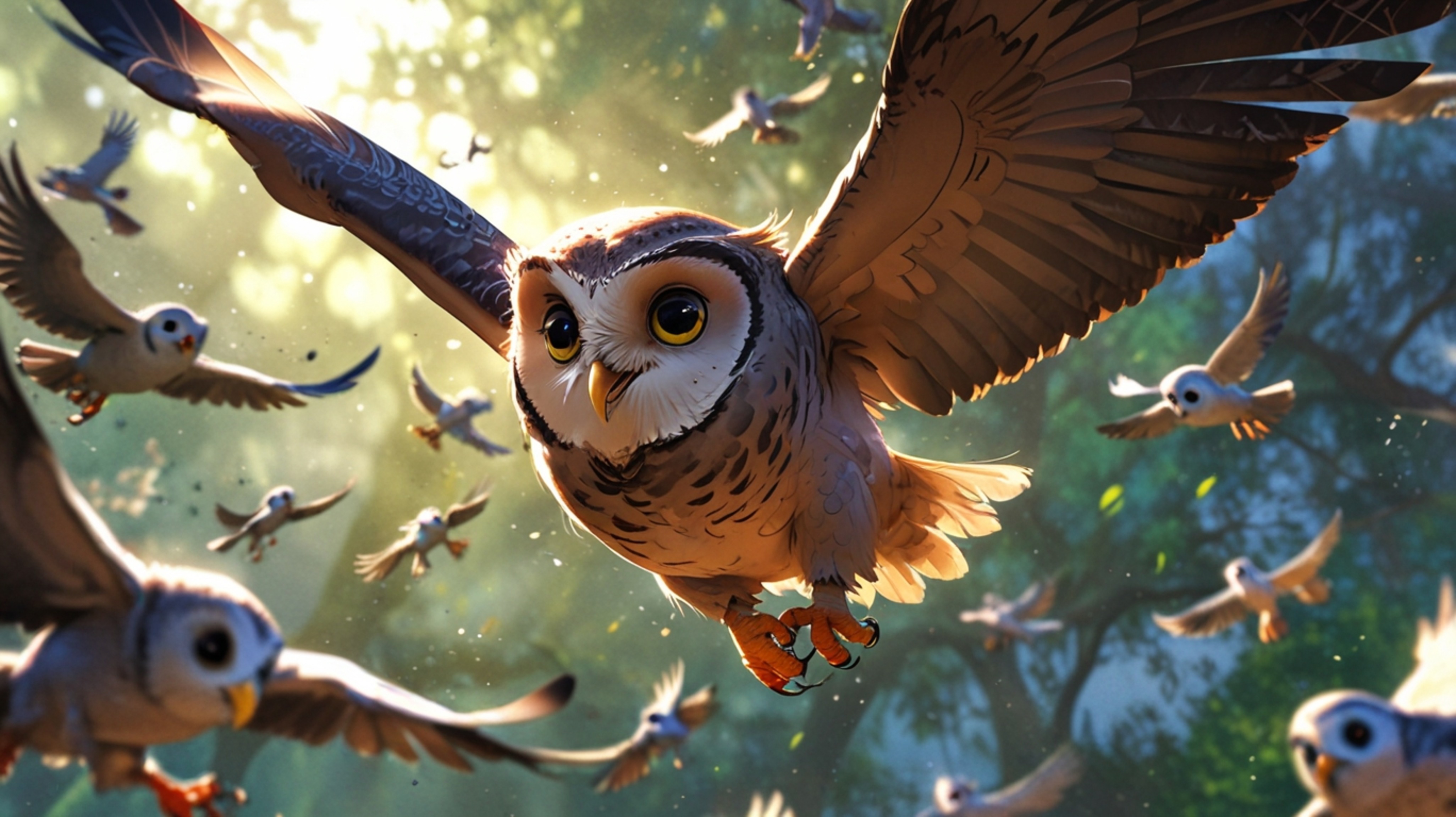 In a delightful and bustling scene, rendered in a charming fusion of Pixar and anime styles, a wise blind owl serves as a pat