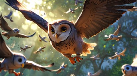 In a delightful and bustling scene, rendered in a charming fusion of Pixar and anime styles, a wise blind owl serves as a pat