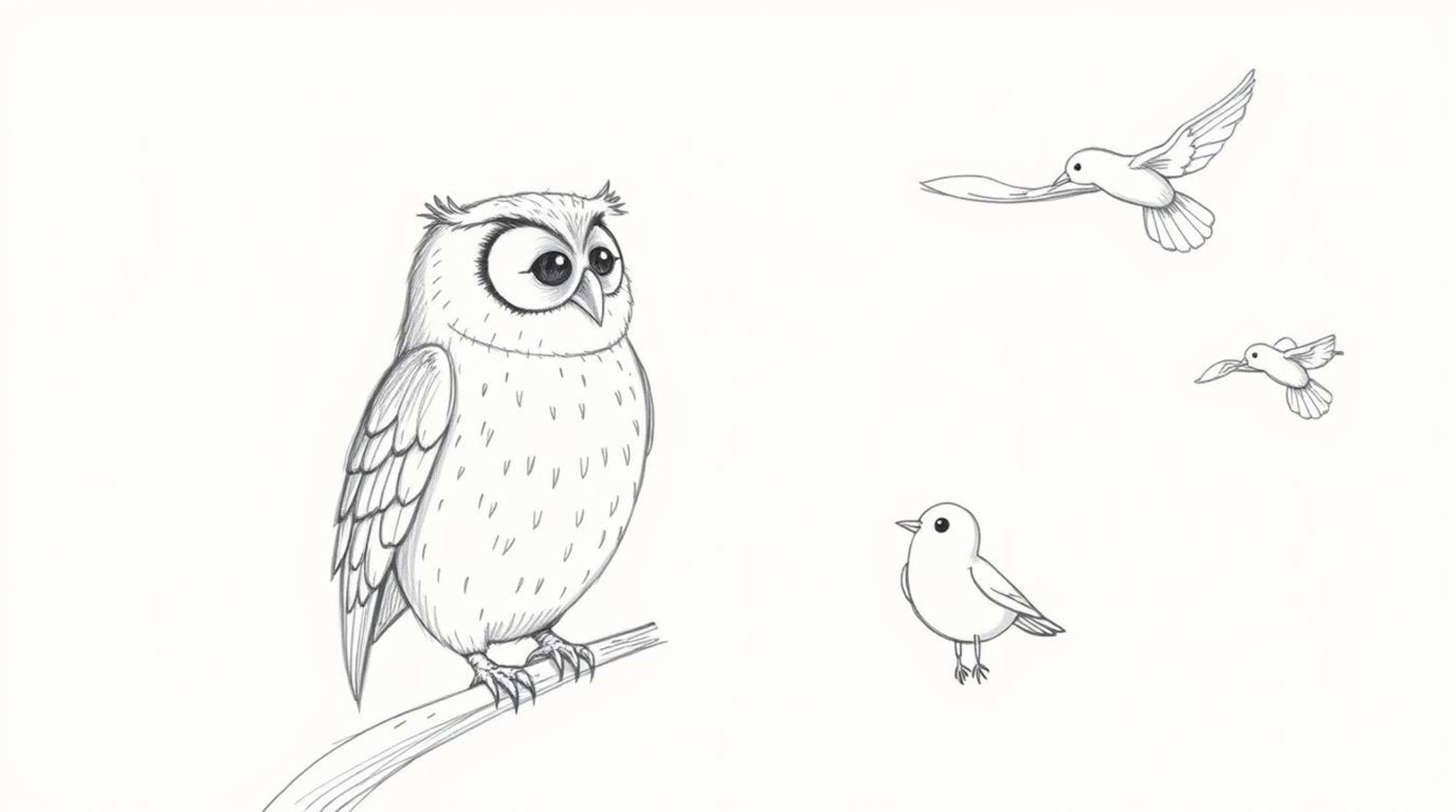 A charming hand-drawn sketch depicts a blind owl, rendered in a Pixar-like style, compassionately teaching birds how to fly. 
