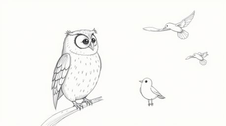 A charming hand-drawn sketch depicts a blind owl, rendered in a Pixar-like style, compassionately teaching birds how to fly. 