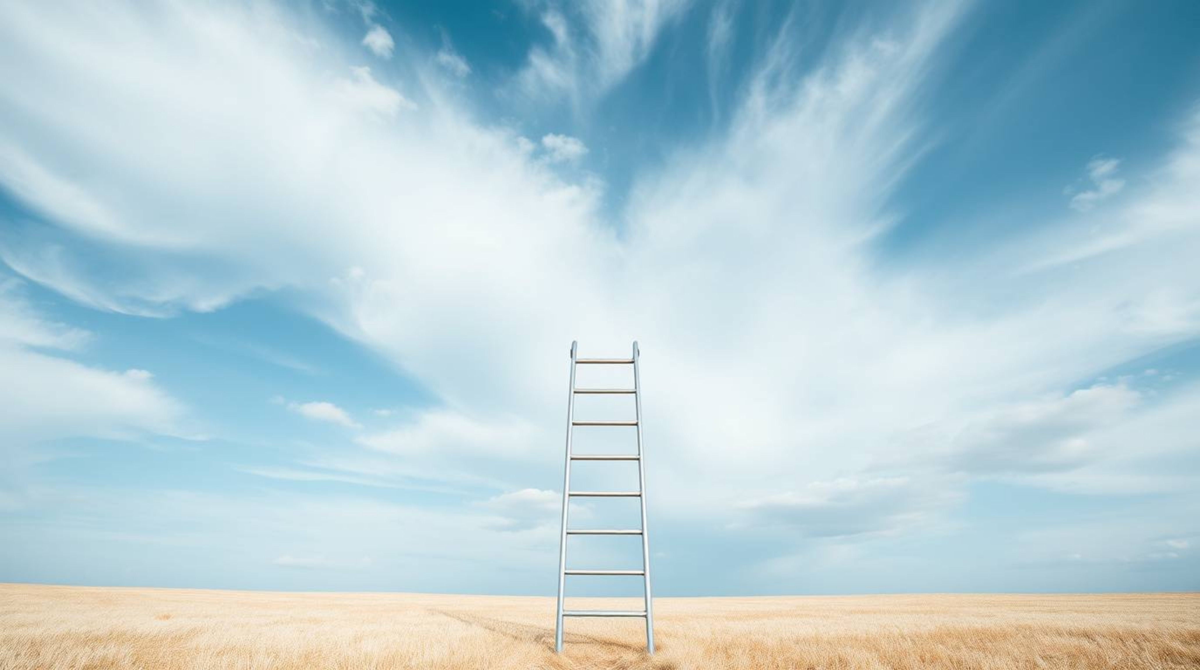 A minimalist scene featuring a silver ladder standing in an open field beneath a wide, cloudy sky, meticulously captured with