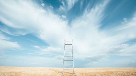 A minimalist scene featuring a silver ladder standing in an open field beneath a wide, cloudy sky, meticulously captured with