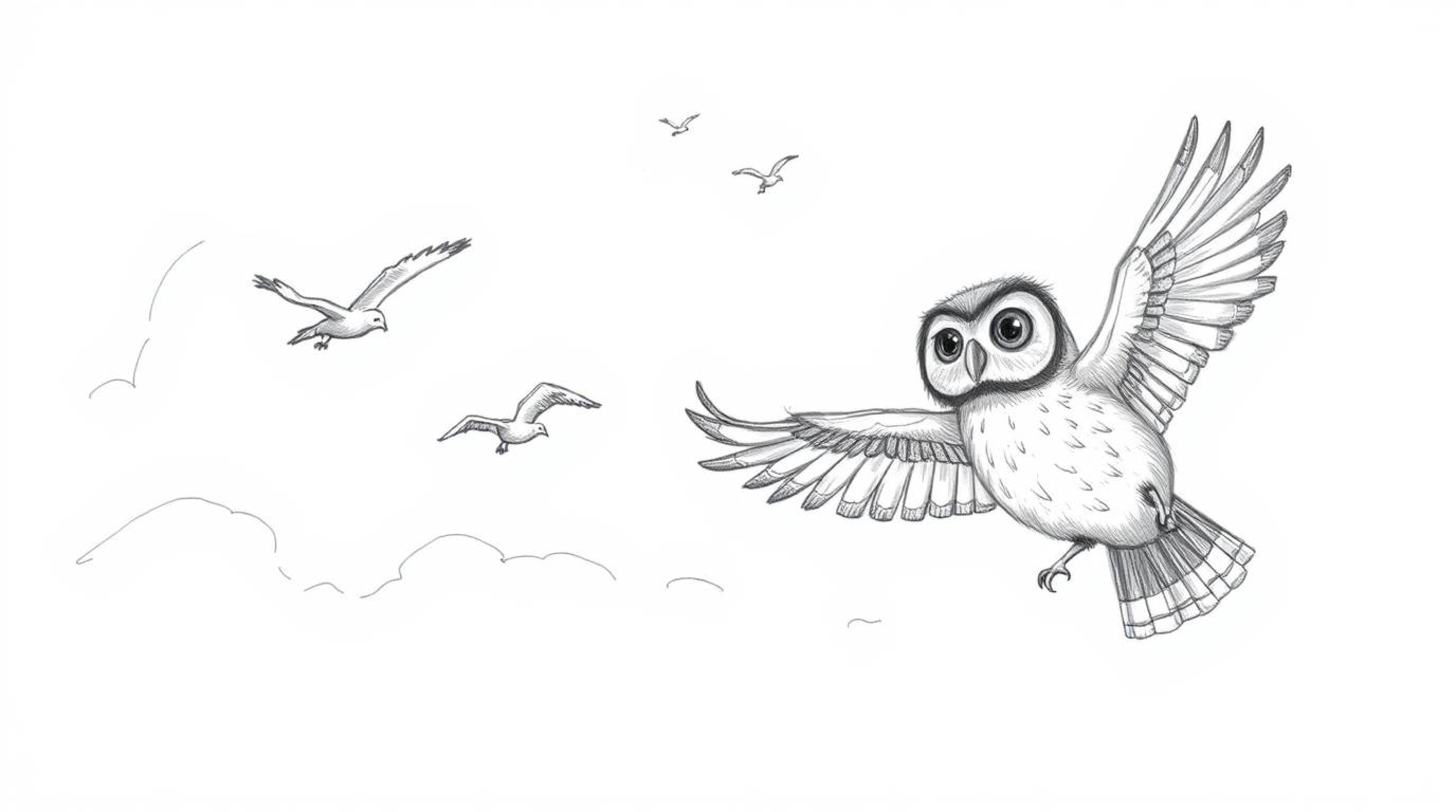 A heartwarming, hand-drawn sketch in the style of Pixar depicts a blind owl with large, expressive eyes leading a flock of bi