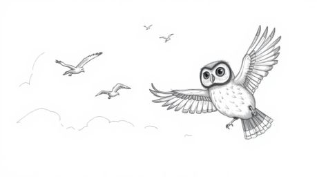 A heartwarming, hand-drawn sketch in the style of Pixar depicts a blind owl with large, expressive eyes leading a flock of bi