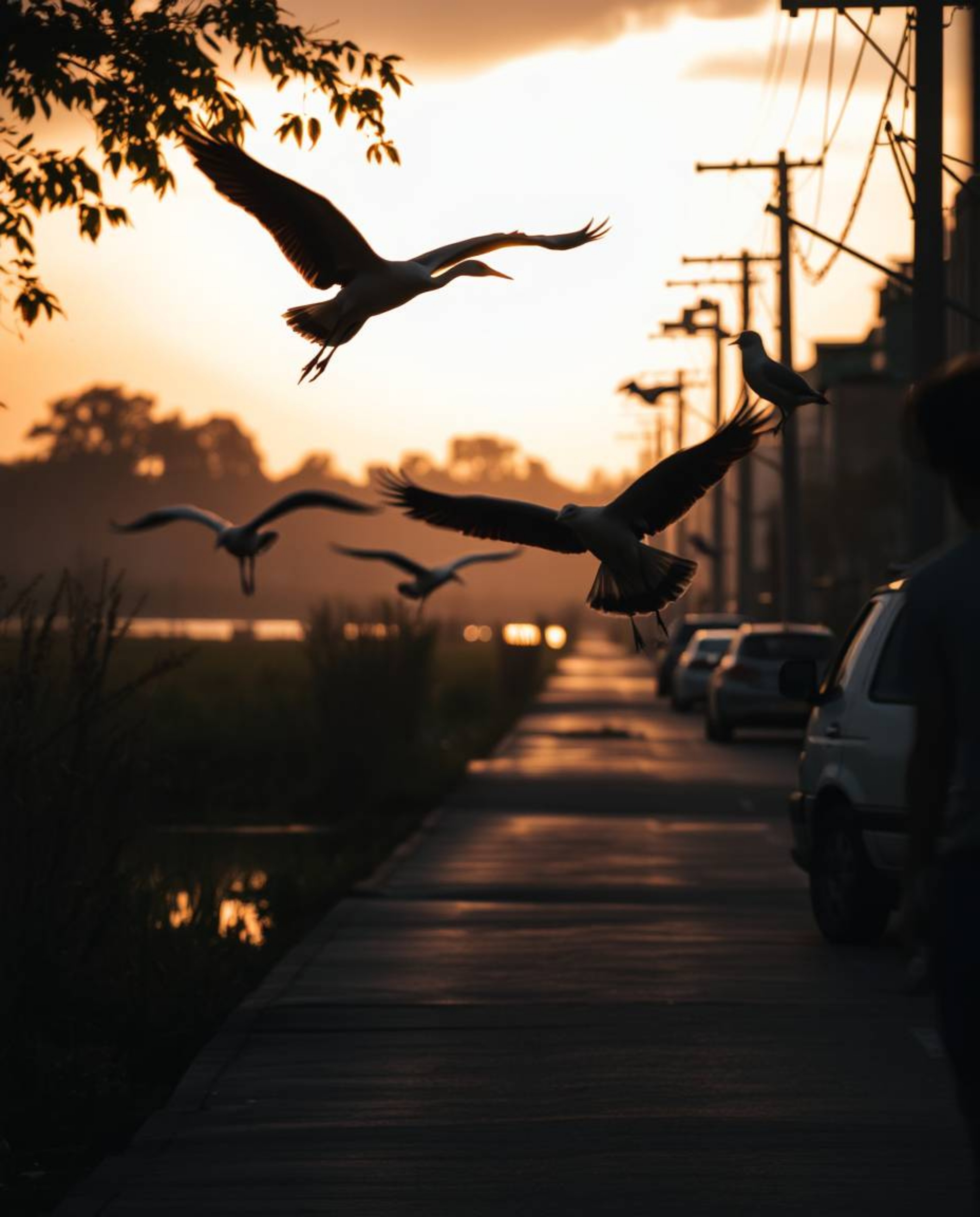 A moody and eerie street photograph capturing herons flying during the golden hour in the wetlands, framed as a candid urban