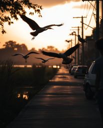 A moody and eerie street photograph capturing herons flying during the golden hour in the wetlands, framed as a candid urban 