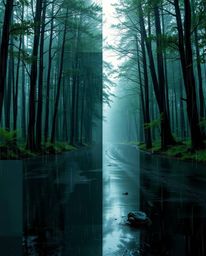 A captivating digital painting depicts a rainy forest scene dramatically divided by a digital glitch effect.  The contrasting