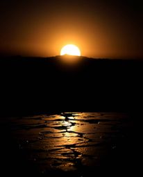 A captivating image depicts a jet-black silhouetted bronze sculpture against a sunrise over a war-torn landscape. The antique