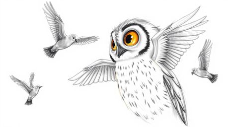 A heartwarming image of a blind owl, rendered in a Pixar-inspired style, gently guiding birds as they learn to fly. The hand-