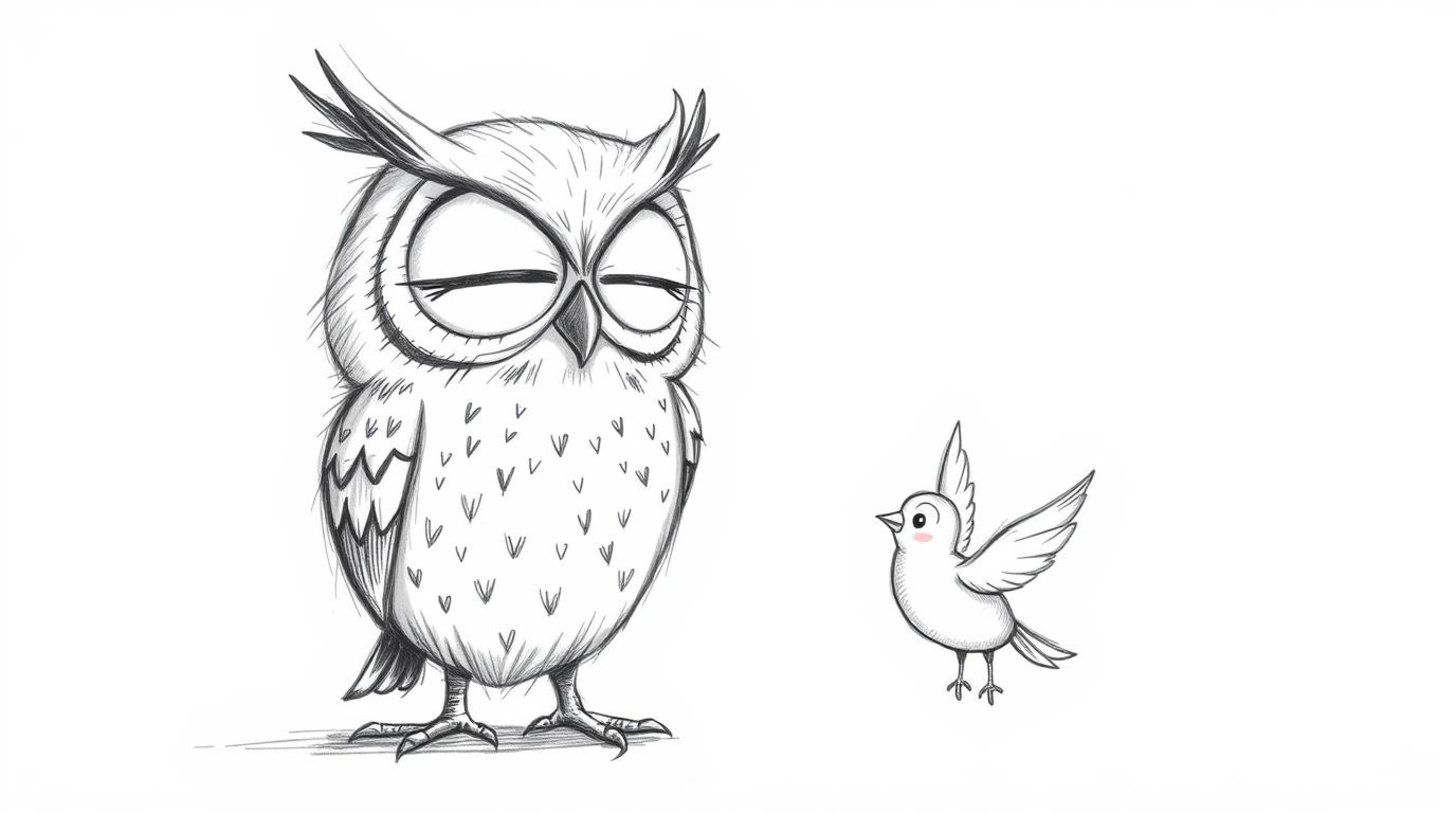 A whimsical hand-drawn sketch in the style of Pixar depicts a blind owl imparting its knowledge of flight to a group of eager