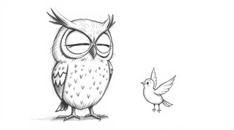 A whimsical hand-drawn sketch in the style of Pixar depicts a blind owl imparting its knowledge of flight to a group of eager
