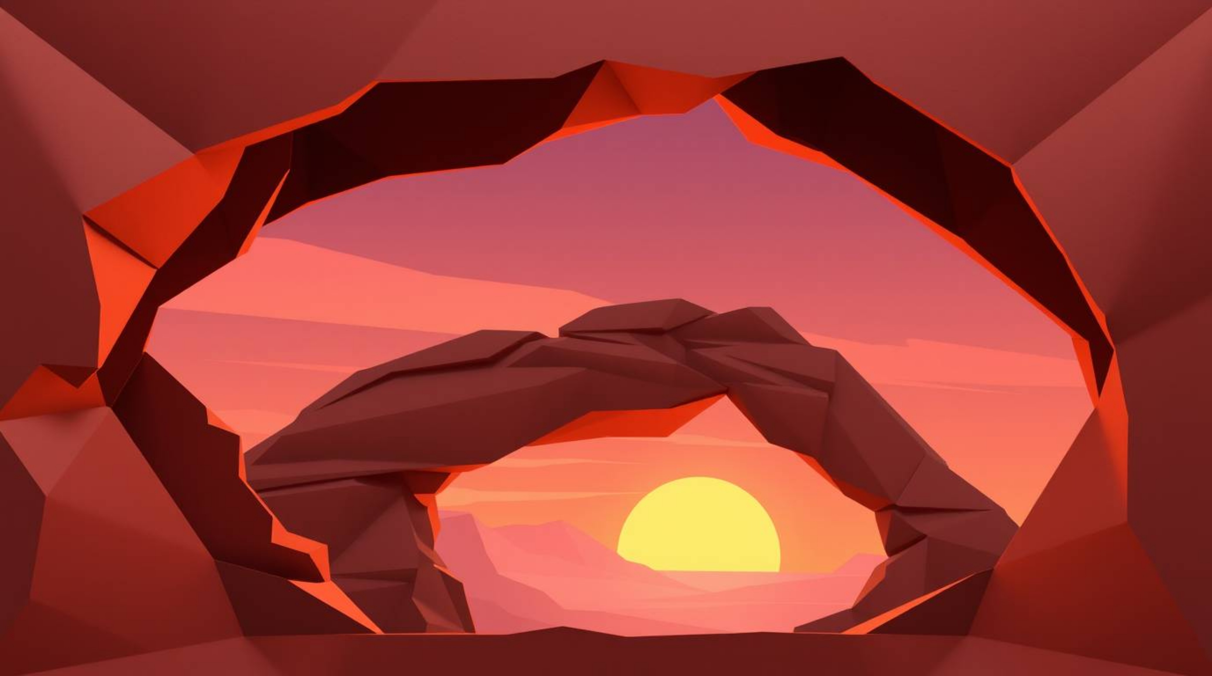 A captivating image showcases an intricate origami-style sunset scene viewed through a desert rock arch.  The strong, moody s
