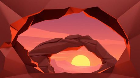 A captivating image showcases an intricate origami-style sunset scene viewed through a desert rock arch.  The strong, moody s