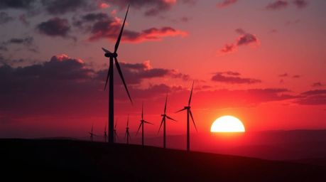 Experience an epic and modern future scene featuring a rich burgundy and deep blue sunset illuminating a row of wind turbines
