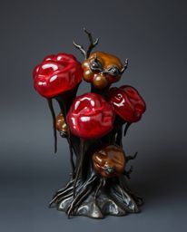 This artwork features a cast bronze sculpture exuding an eerie and creepy atmosphere. It also showcases floating 3D blobs of 
