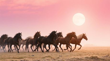 Experience the tranquility of a herd of wild horses gracefully running beneath a breathtaking, glowing sky.  Soft pastel colo