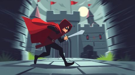 A thief infiltrating a heavily guarded castle is visualized in a modern flat design style, characterized by dynamic motion an